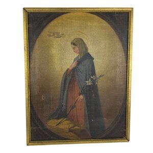 Antique 19th Cen Renaissance European Oil on Canvas Painting Madonna Virgin Mary